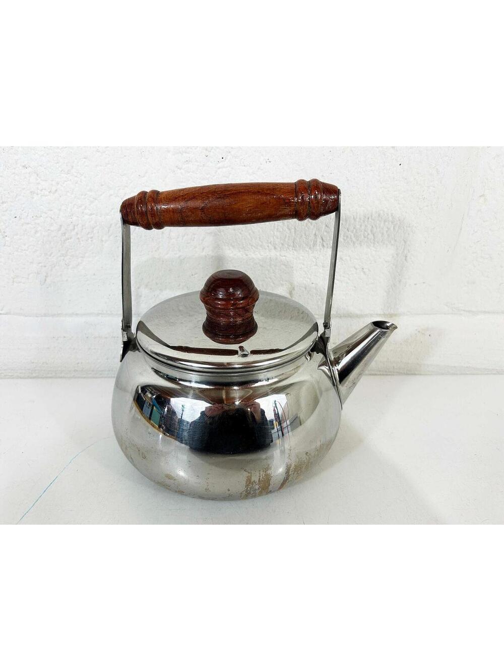 Vintage Stainless Steel Tea Kettle 1970s Wood Handle Danish Silver Teapot